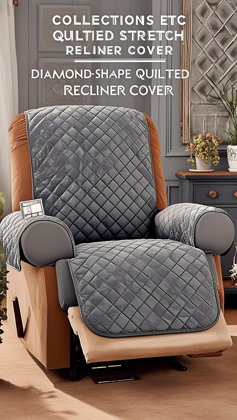 A cozy living room with a recliner sofa adorned with a quilted stretch recliner cover.