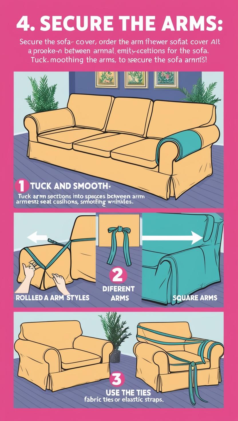 An infographic titled "Secure the Arms" showing a step-by-step guide for fitting a sofa cover. Includes instructions on tucking and smoothing fabric into arm sections, addressing different arm styles like rolled and square arms, and using fabric ties or straps for a secure fit. Features soft, engaging colors and decorative elements such as plants, paintings, and vibrant sofa covers.