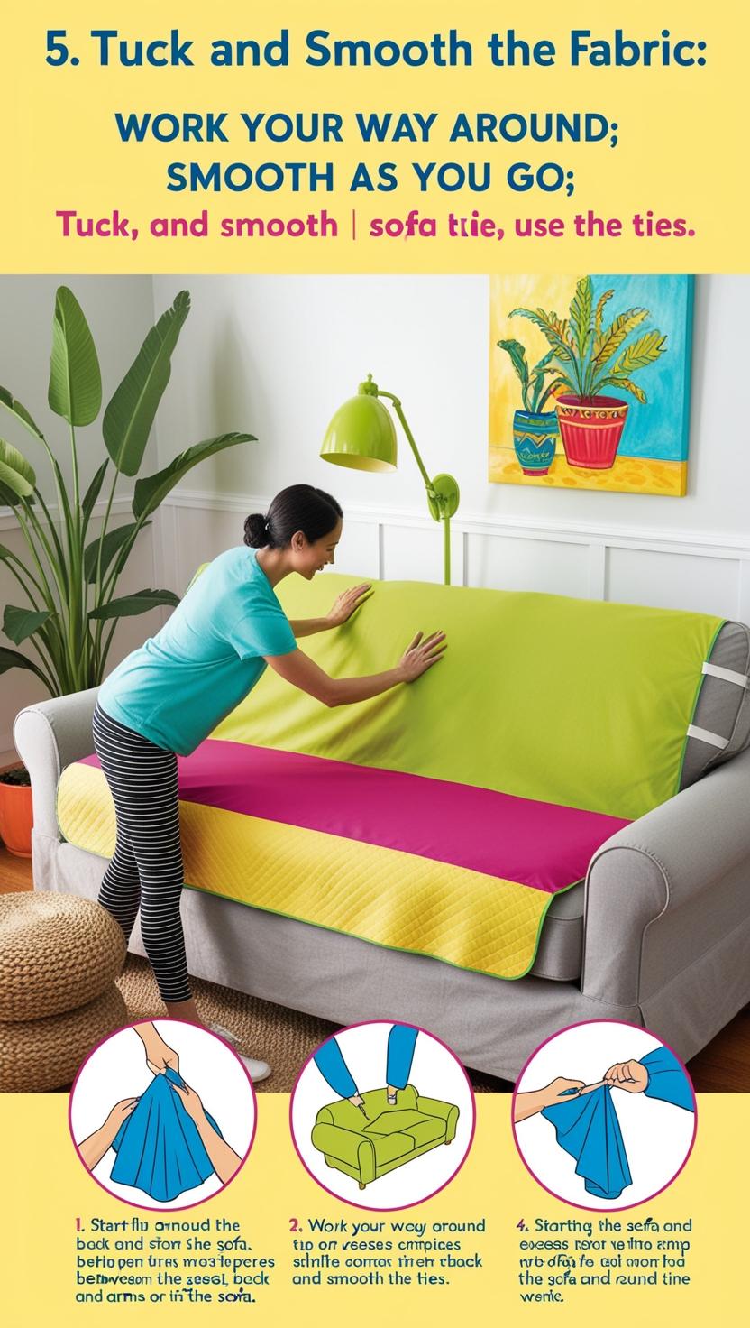 An infographic titled "Tuck and Smooth the Fabric" illustrating a step-by-step guide for properly adjusting a sofa cover. Includes tips on tucking excess fabric into crevices, smoothing out wrinkles for a snug fit, and securing the cover with fabric ties or elastic straps. Features a vibrant design with decorative elements like plants, paintings, and cozy sofa covers.