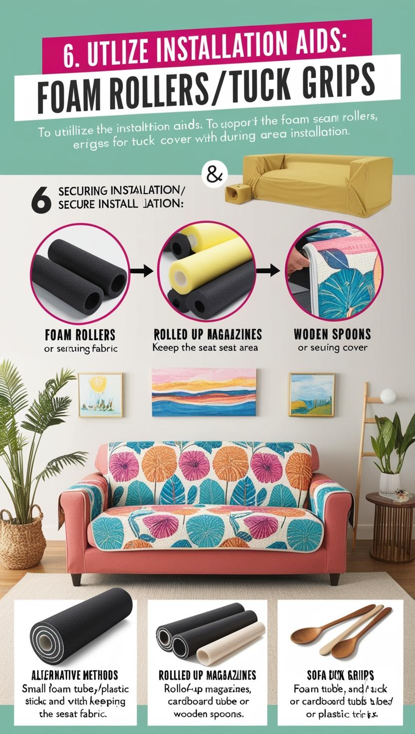 An infographic titled "Utilize Installation Aids" with detailed steps for using foam rollers, tuck grips, or household items to secure a sofa cover in place. Highlights include inserting aids into crevices to prevent slipping and alternative methods for a taut fit. Designed with vibrant colors and decorative elements like plants, paintings, and stylish sofa covers.