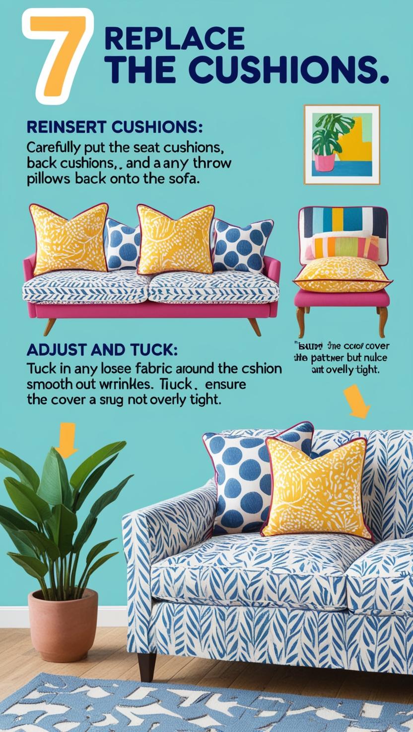 An infographic titled "Utilize Installation Aids" with detailed steps for using foam rollers, tuck grips, or household items to secure a sofa cover in place. Highlights include inserting aids into crevices to prevent slipping and alternative methods for a taut fit. Designed with vibrant colors and decorative elements like plants, paintings, and stylish sofa covers.