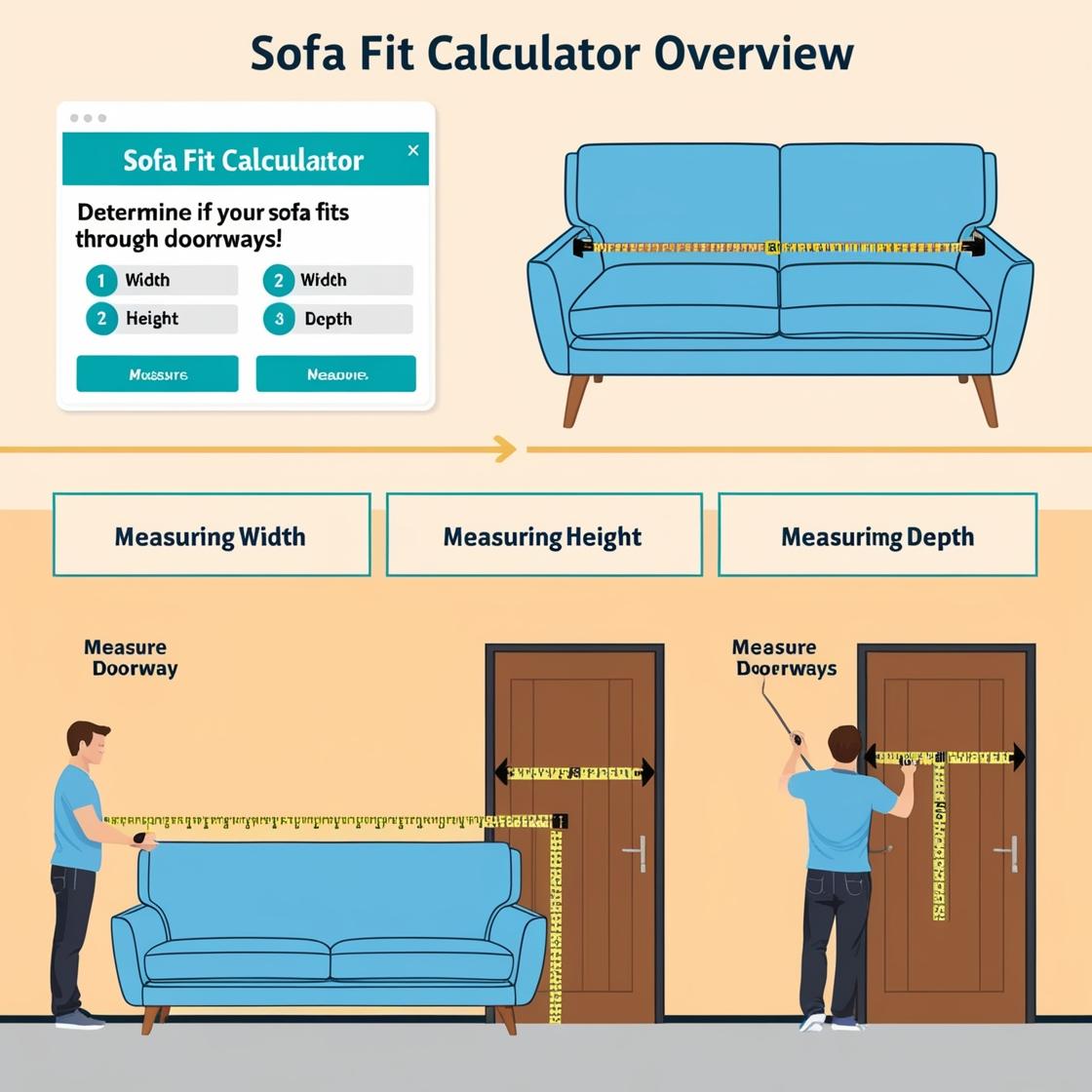 Illustration of a digital calculator labeled 'Sofa Fit Calculator' with a sofa icon