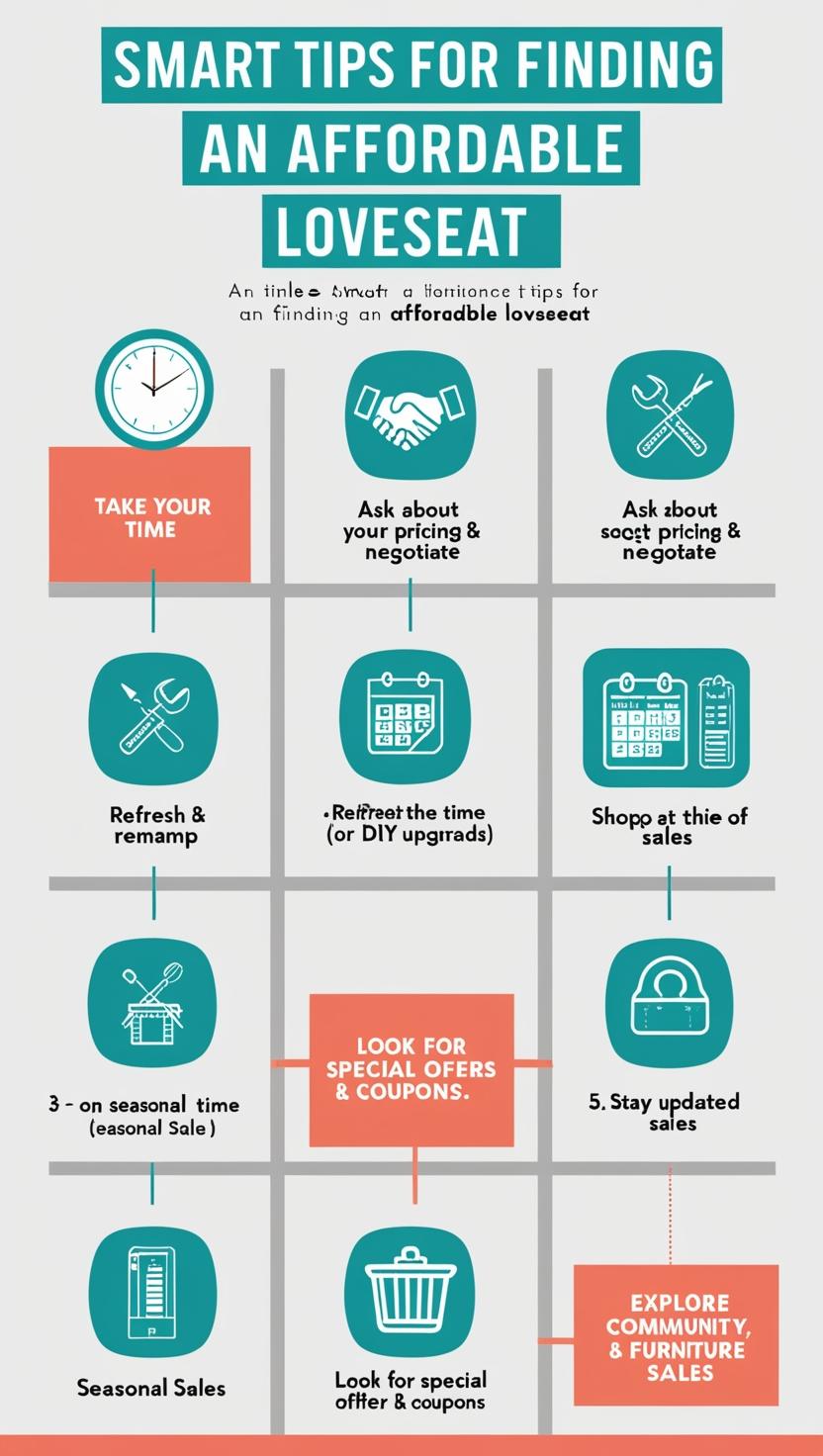 A bright and engaging infographic featuring simple tips on finding an affordable loveseat, with clear text and fun icons to enhance readability.