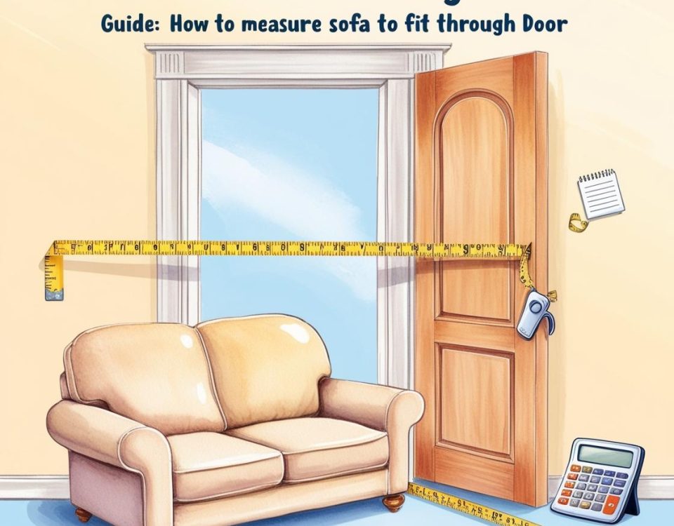 Cover image for the article 'Will Sofa Fit Through Door Calculator' featuring a sofa, doorway, measuring tape, and calculator icon.