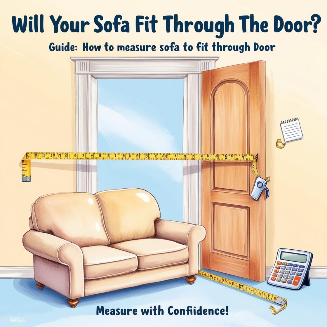 Cover image for the article 'Will Sofa Fit Through Door Calculator' featuring a sofa, doorway, measuring tape, and calculator icon.