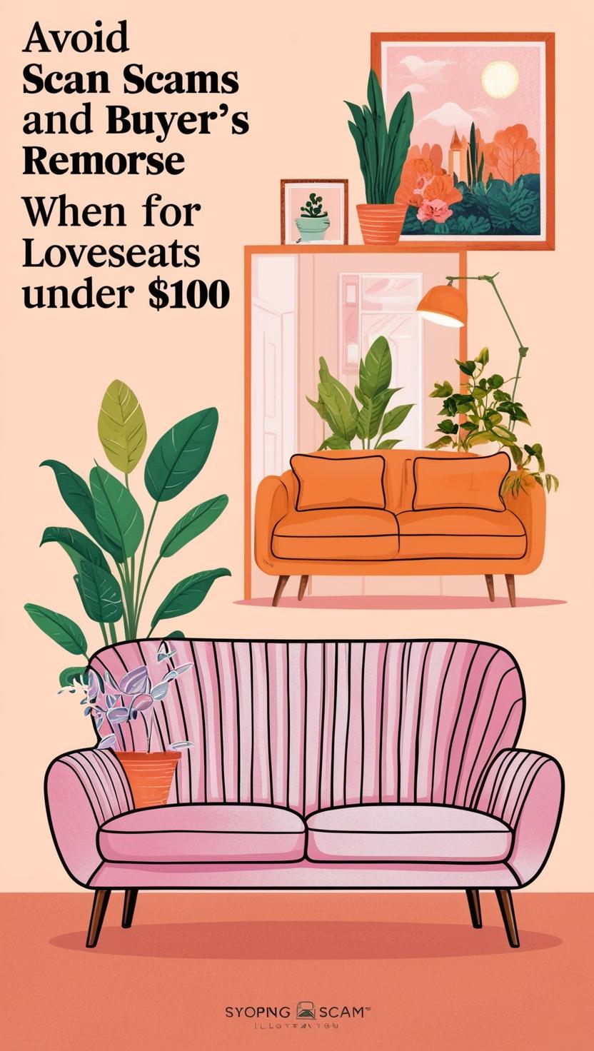 A visually appealing guide titled "Avoiding Scams and Buyer's Remorse" with tips for safely purchasing loveseats under $100. The design includes illustrations of a loveseat, decorative plants, and a wall painting to create a cozy and inviting aesthetic.