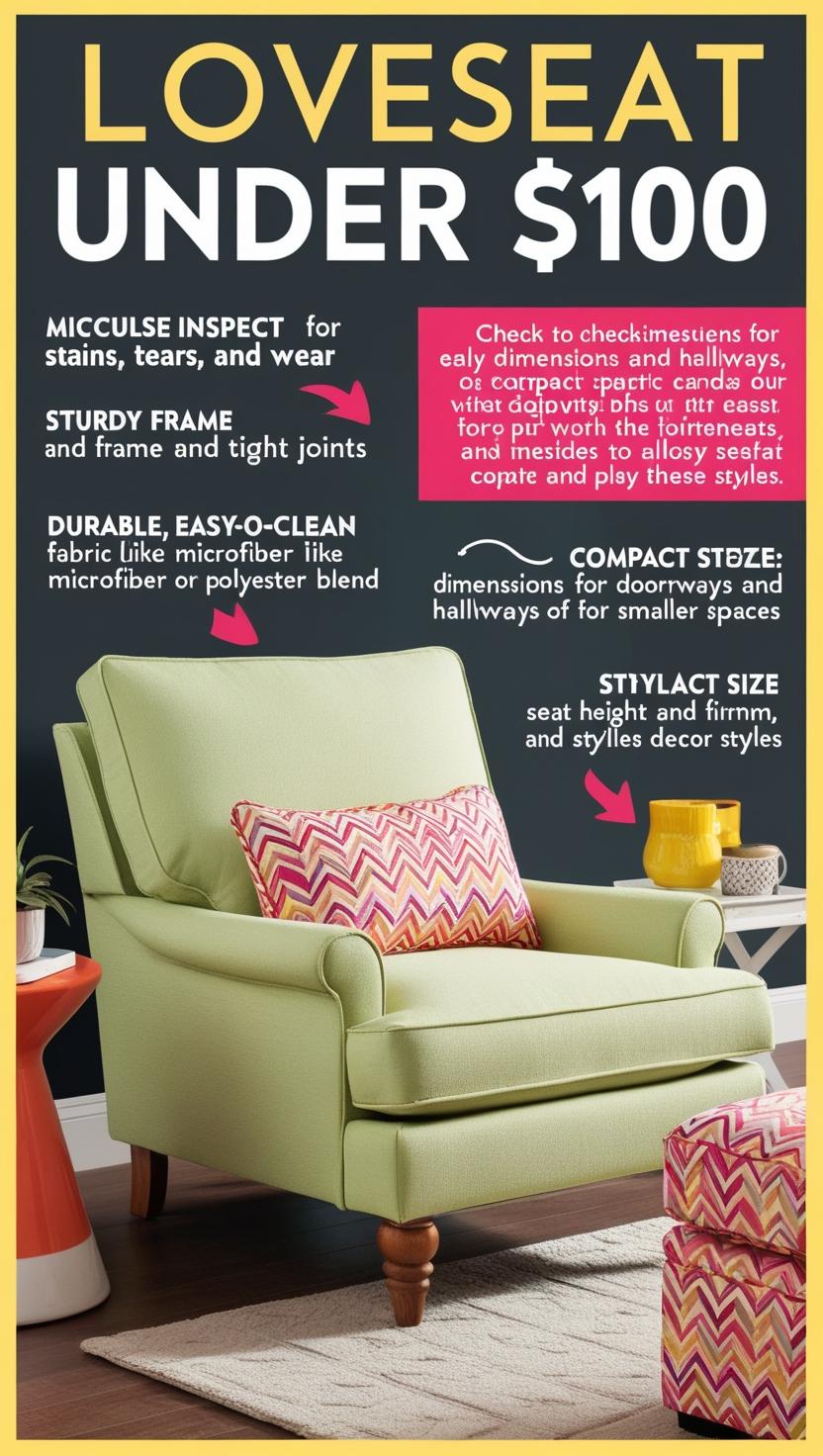 : A bold and engaging checklist for finding a stylish loveseat under $100, with fun colors and easy-to-read text.