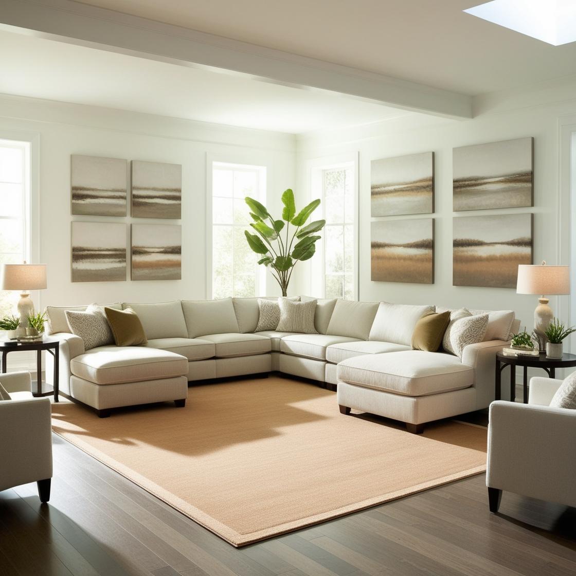 Diagram showing correct rug placement for a large sectional sofa (front legs on).