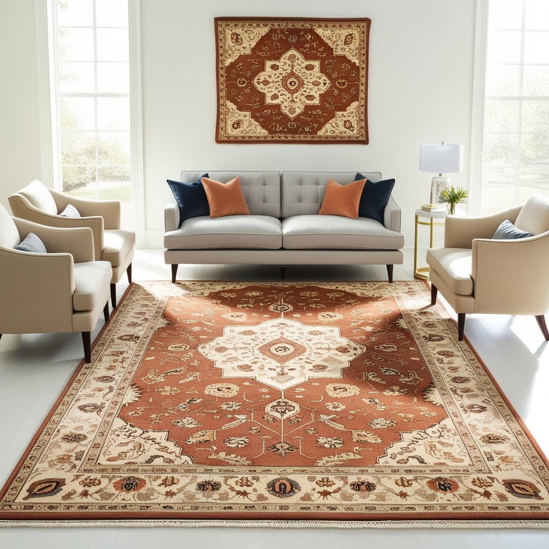 Well-sized area rug anchoring furniture in a bright, stylish living room.