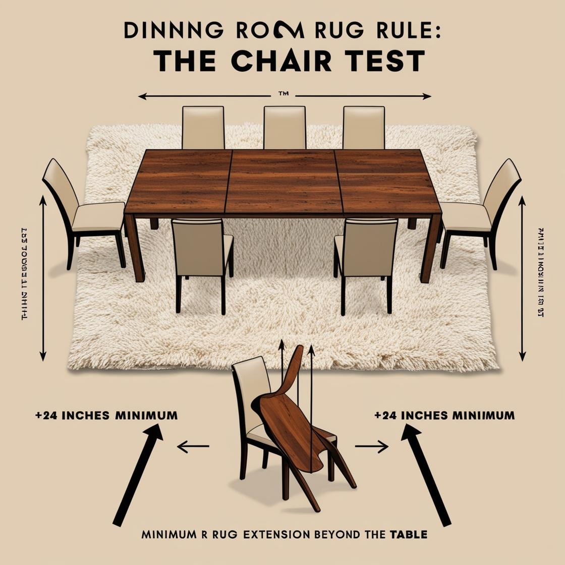 Infographic explaining dining room rug size rule: chairs must stay on rug when pulled out (24+ inch clearance).