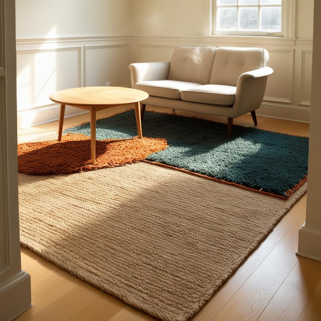 Layered rugs (small decorative rug over larger neutral base) in a small living room.