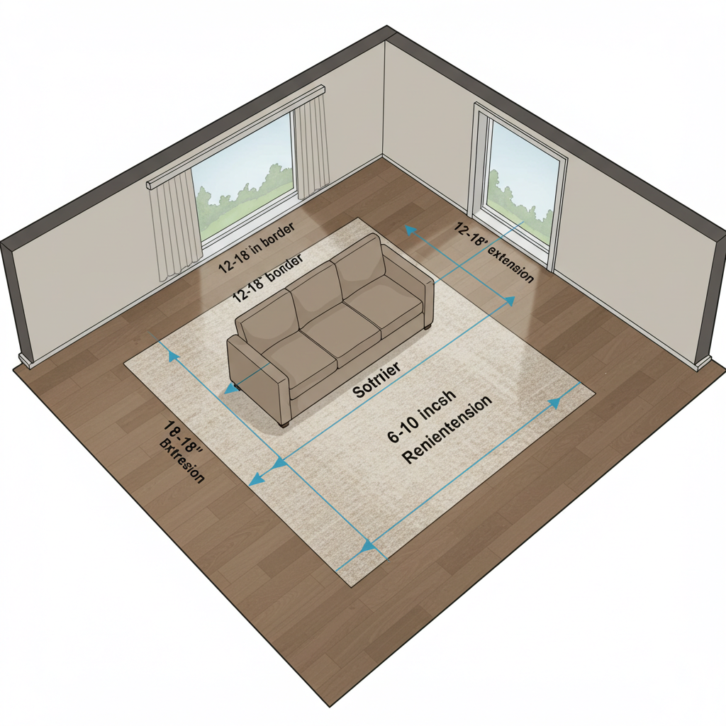 Diagram of 8x10 living room rug with front legs of sofa and chairs on the rug.