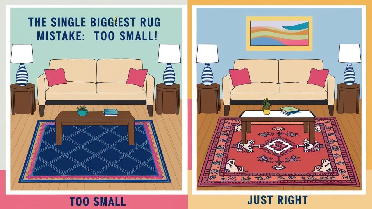 Comparison showing a too-small living room rug versus a correctly sized one.