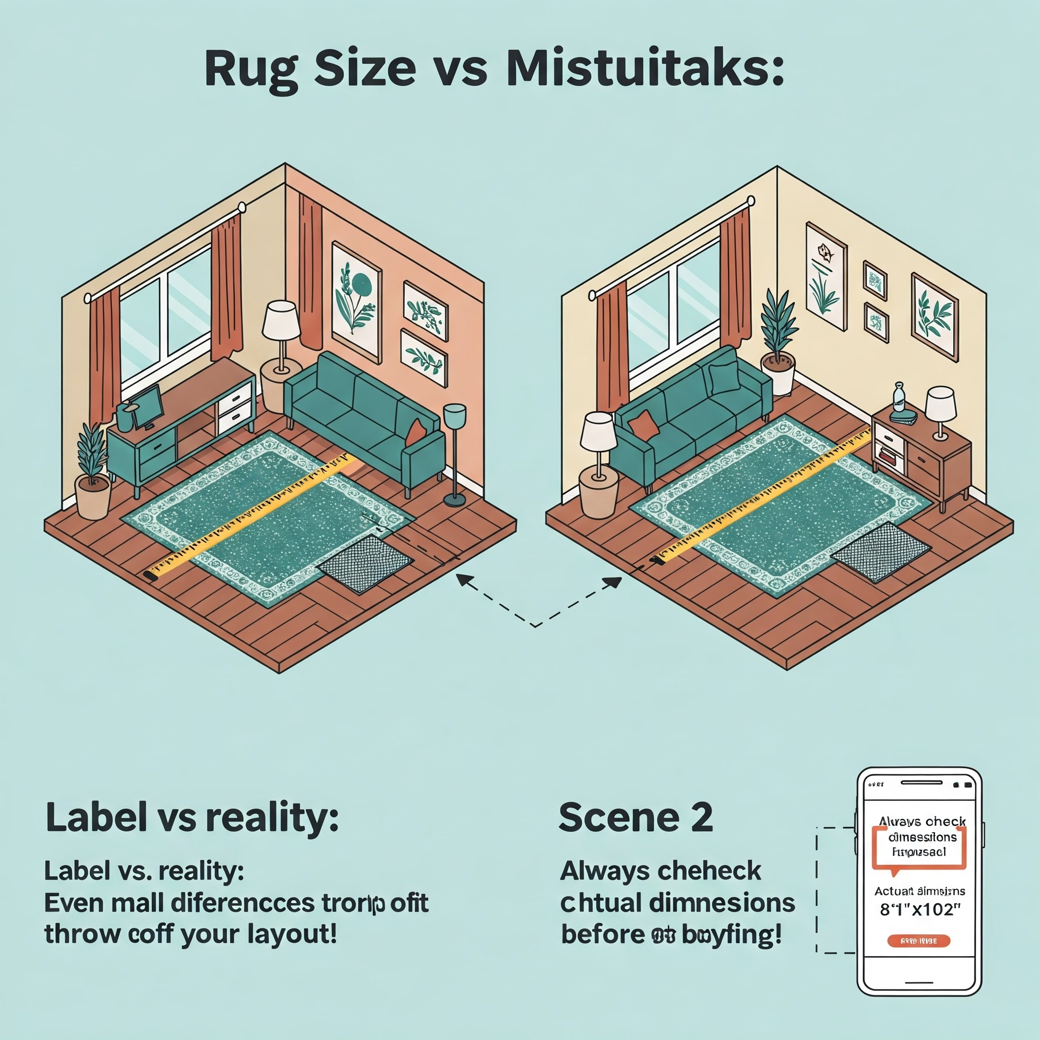 "Infographic comparing a rug with mismatched label vs. actual size (ill-fitting furniture) to a correctly sized rug. Tips to verify dimensions before purchase."