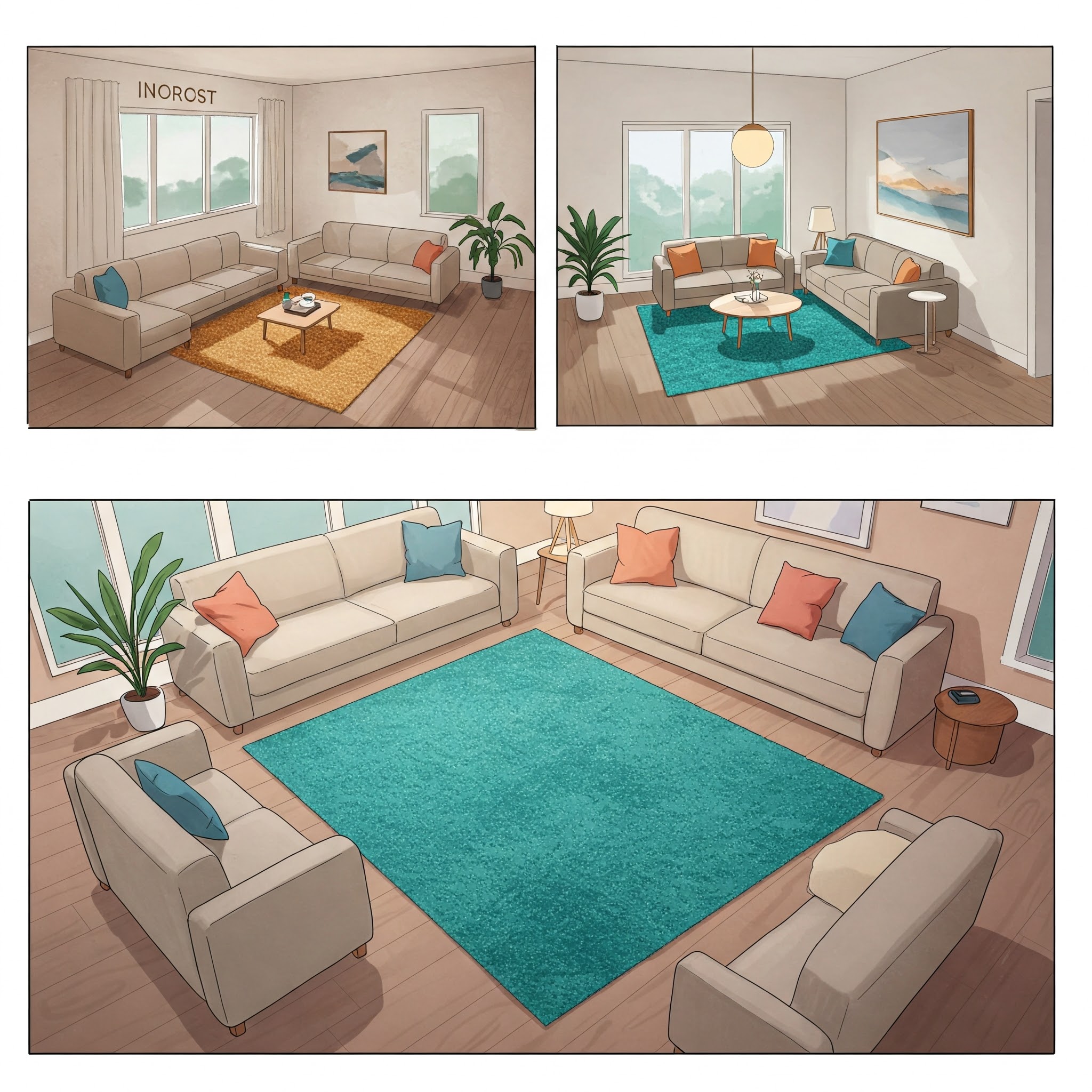 "Comparison of a living room with a too-small rug (looks like a bath mat) vs. a properly sized rug anchoring the furniture. Demonstrates why rug size matters in interior design."