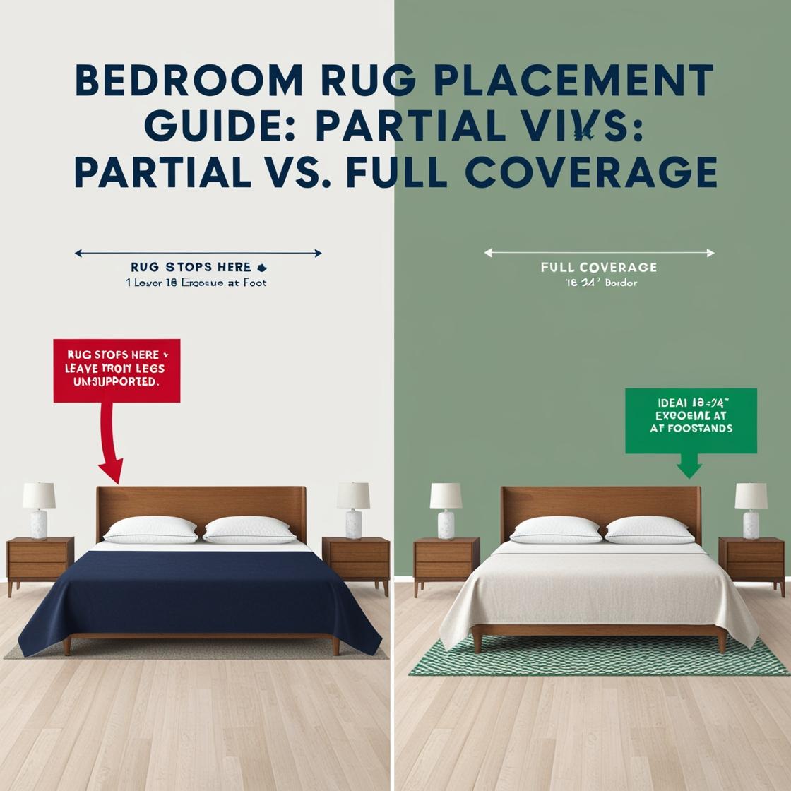 Infographic comparing partial vs full rug coverage under a bed.