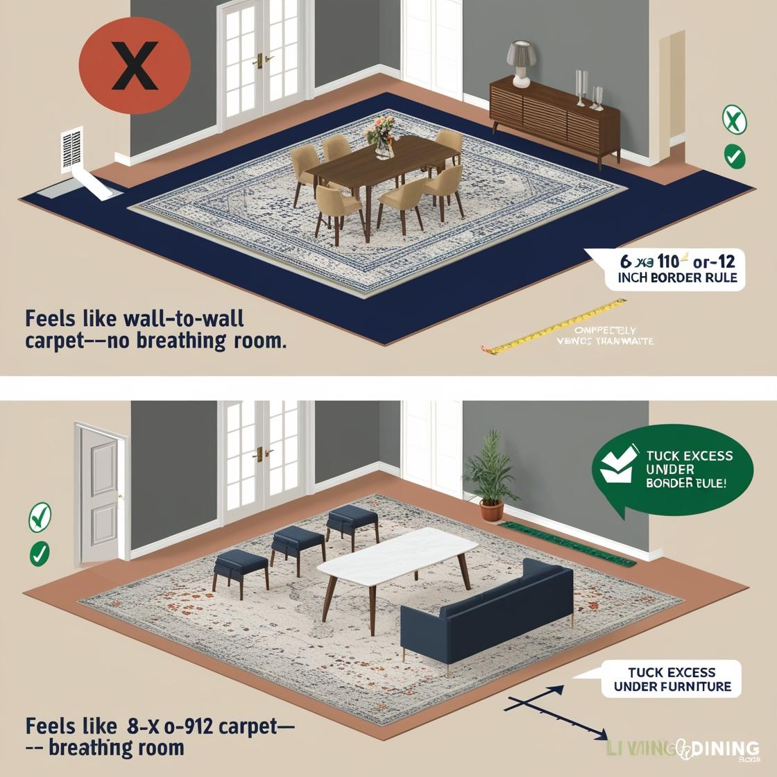 "Side-by-side comparison of a room with an oversized rug (too little floor space) vs. a correctly sized rug with balanced borders. Shows how rug size impacts room flow."