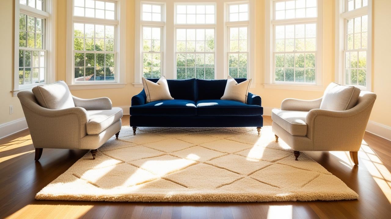 Well-sized area rug anchoring furniture in a bright, stylish living room.
